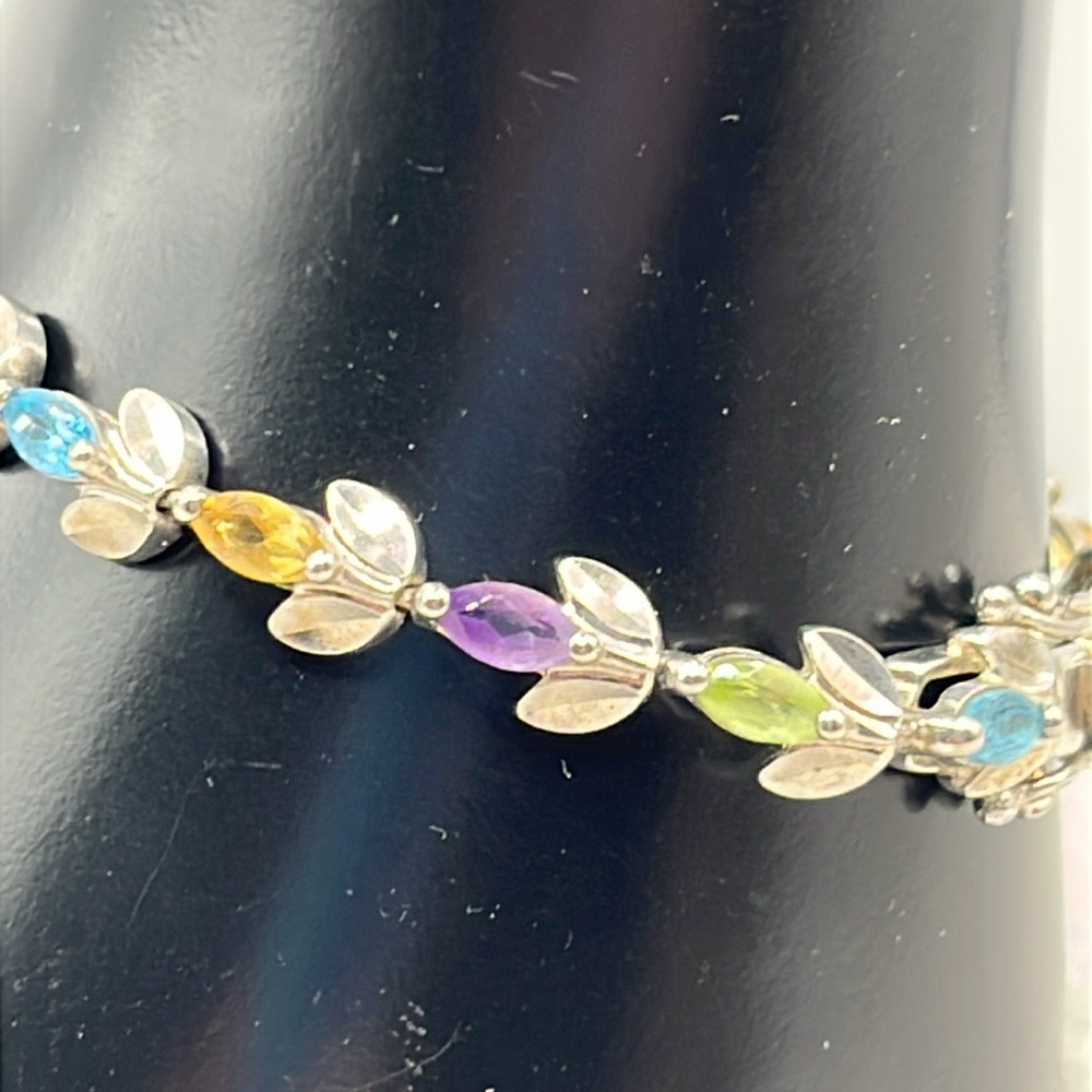 Sterling Silver flower motif tennis bracelet blue topaz, citrine and amethyst - Picture 3 of 12